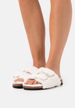 Nly By Nelly DOUBLE STRAP FLUFFY FLAT - Pantolette Flach - White, Damen