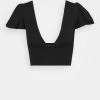 Nly By Nelly FRILL SLEEVE - T-Shirt Basic - Black, Damen -Nly by Nelly Verkaufsladen 7c6cd071dcd14f5a9e858bd1a35658e0